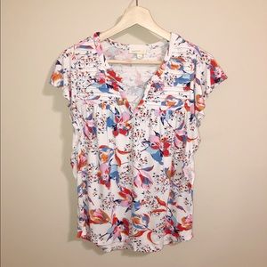 Meadow Rue Floral Ruffle Sleeve Ridged Yoke Tee XS